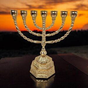 Vintage Candelabra Gilt Metal Judaica Menorah 7 Candle Holder Granna Sweden 8"